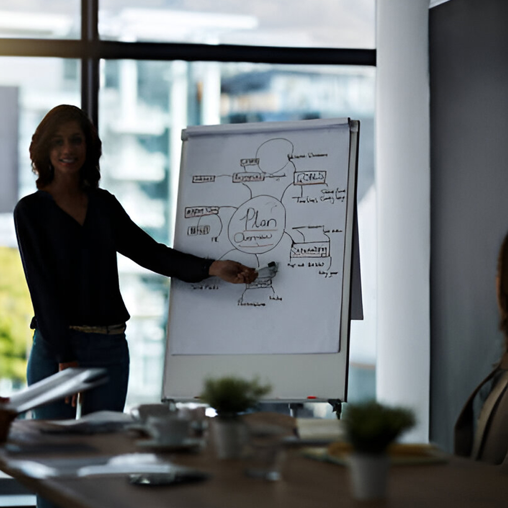 Consultant presenting a network plan on a flip chart